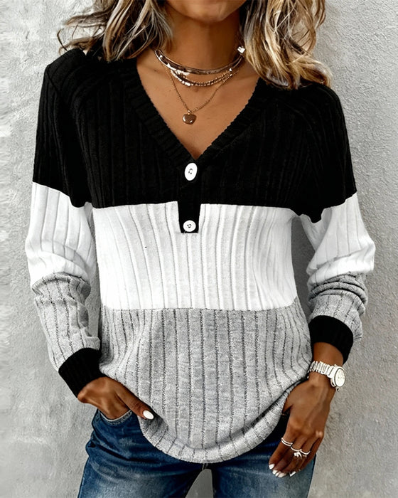 V-Neck Striped Color-Blocked Top