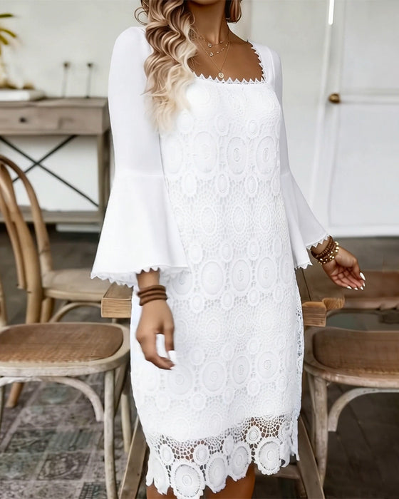Square Neck Flared Sleeve Lace Dress