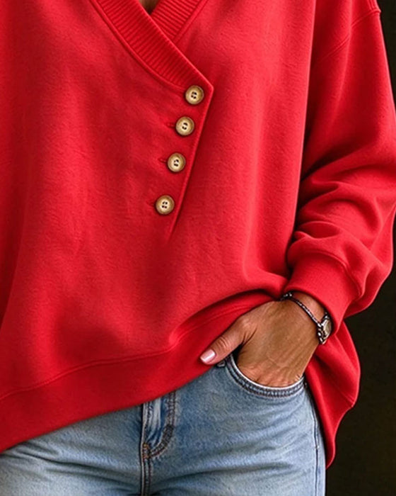 Diagonal Button V-Neck Pullover Sweatshirt