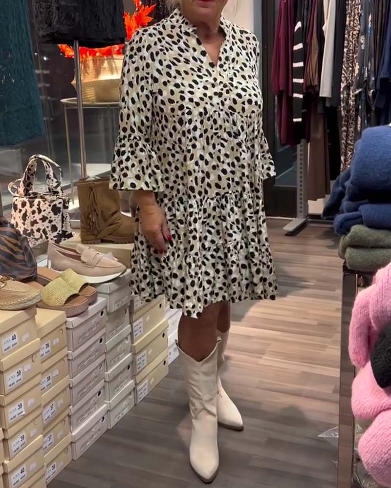 Bell Sleeves Stand Collar Printed Dress