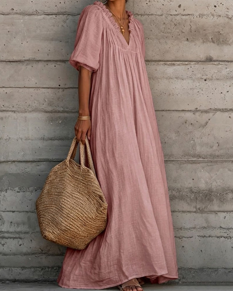Pure White Bubble Sleeve Full Skirt Maxi Dress