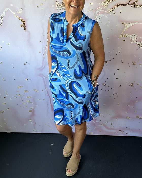 Printed sleeveless stand collar pocket dress