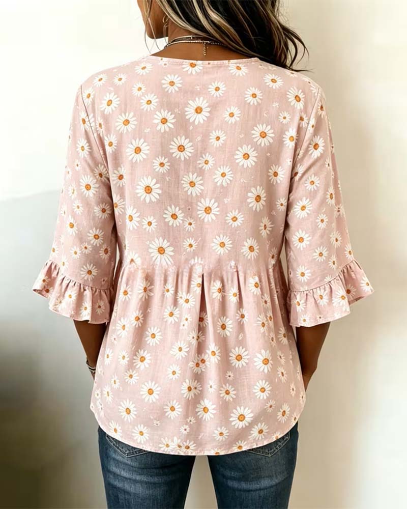 Daisy Print Ruffle Sleeve Doll Blouse