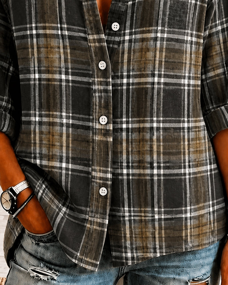 Lapel Checkered Long Sleeve Shirt