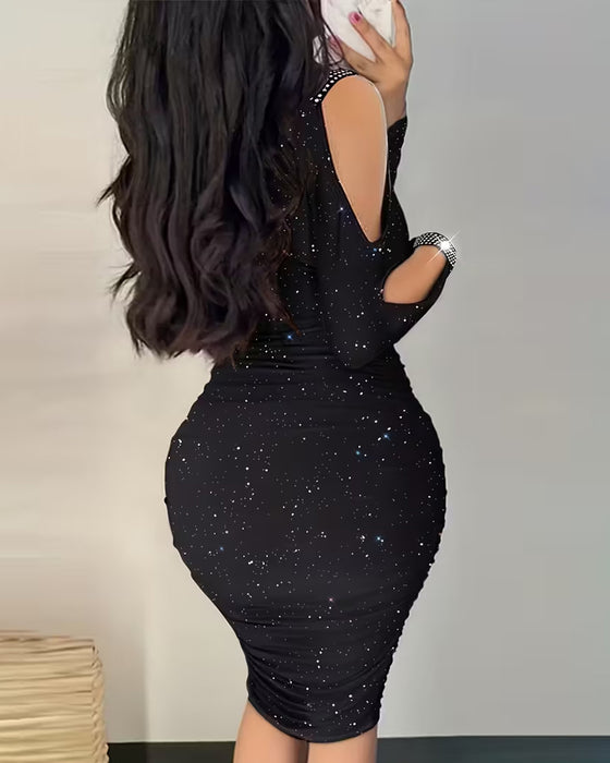 Rhinestone-Studded Fitted Off-Shoulder Dress