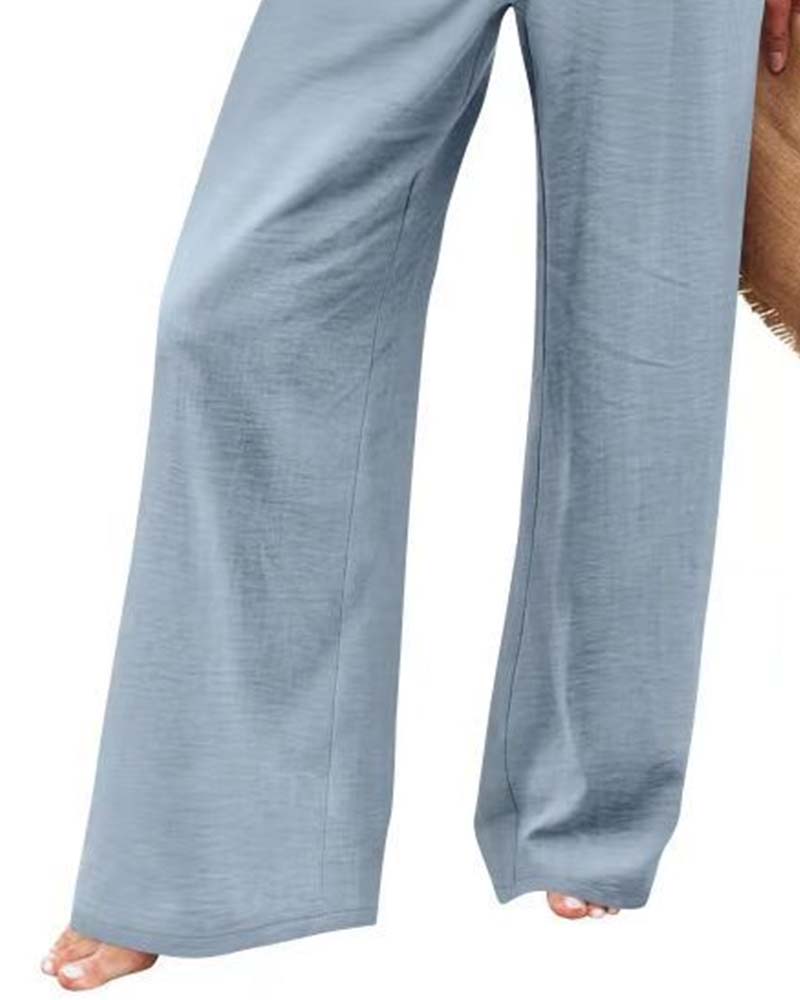 Button Elastic Waist Wide-Leg Pants