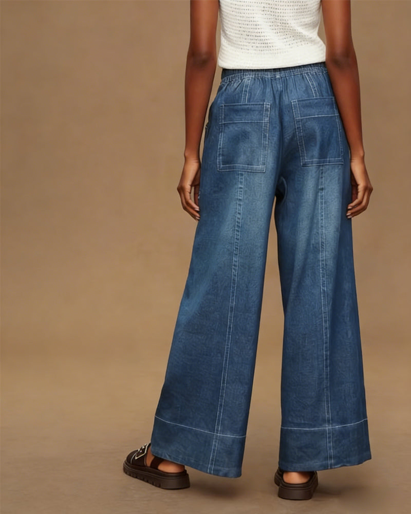Drawstring Large Pocket Wide-Leg Jeans