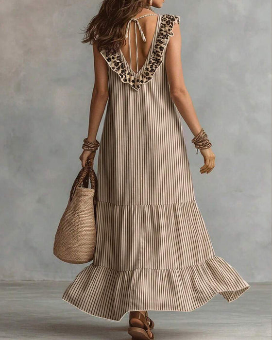 V-Neck Striped Leopard Sleeveless Tiered Dress