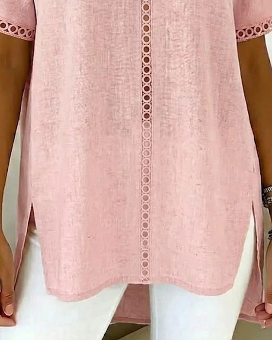 Hollow V-Neck Cotton Linen Top