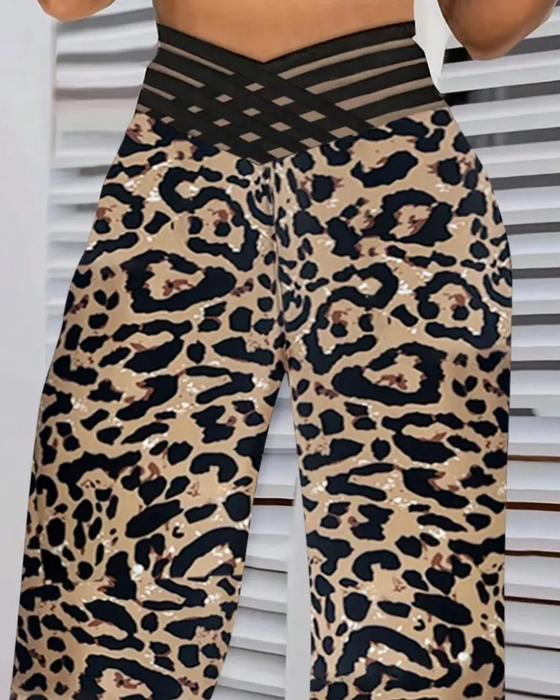 Cross-Waist Leopard Print Flared Pants