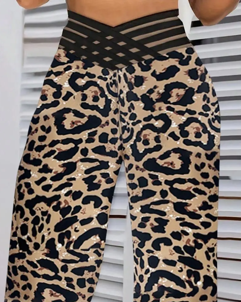 Cross-Waist Leopard Print Flared Pants