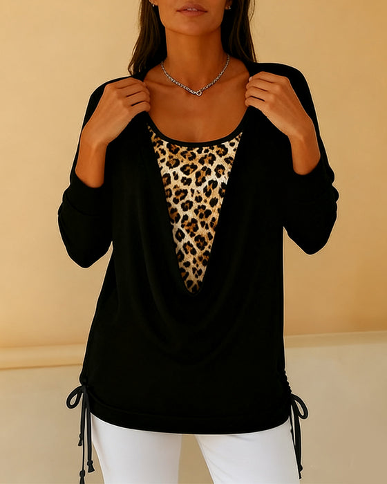 Fake Two-Piece Lace-Up Leopard Print T-Shirt