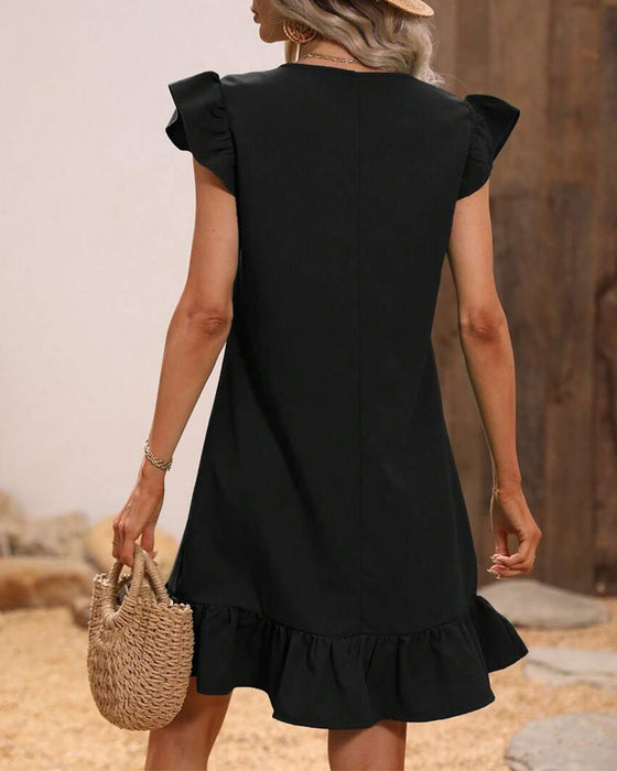 V-Neck Flutter Sleeve Ruffle Short Dresses