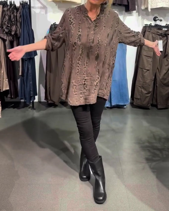 V-Neck Button Front Leopard Print Relaxed Blouse