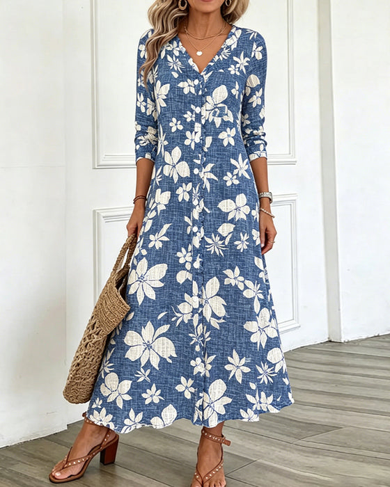 V-Neck Floral Shirt Dress