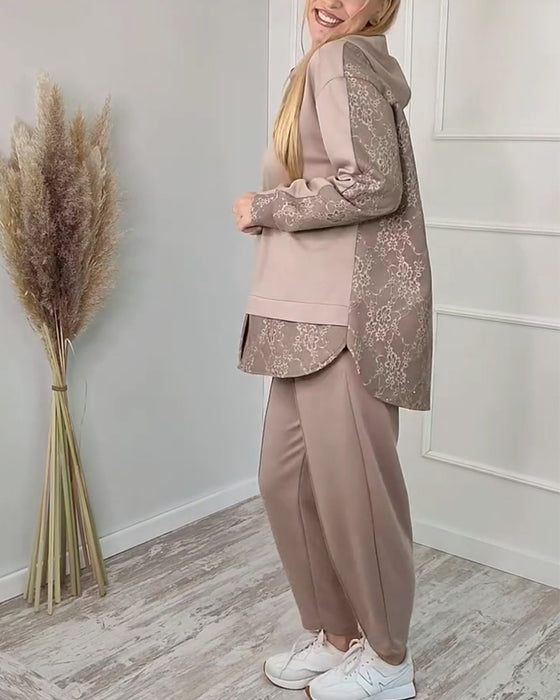 Fashionable Long-Sleeved Patchwork Jacquard Two-Piece Set