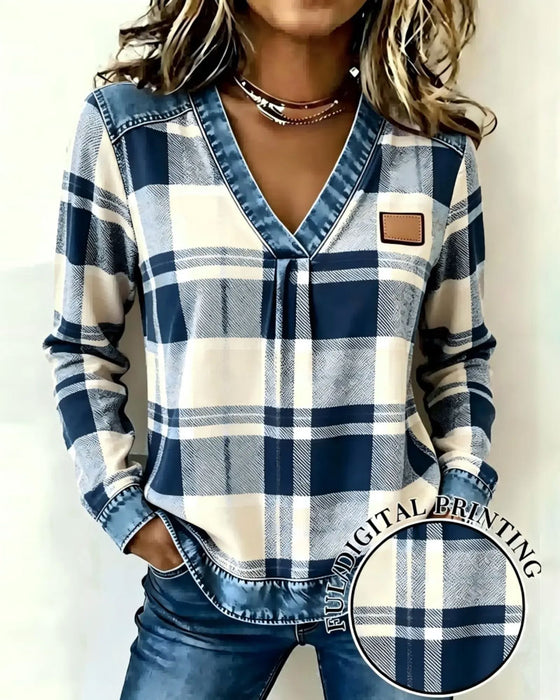 V-Neck Plaid Denim Patchwork Top