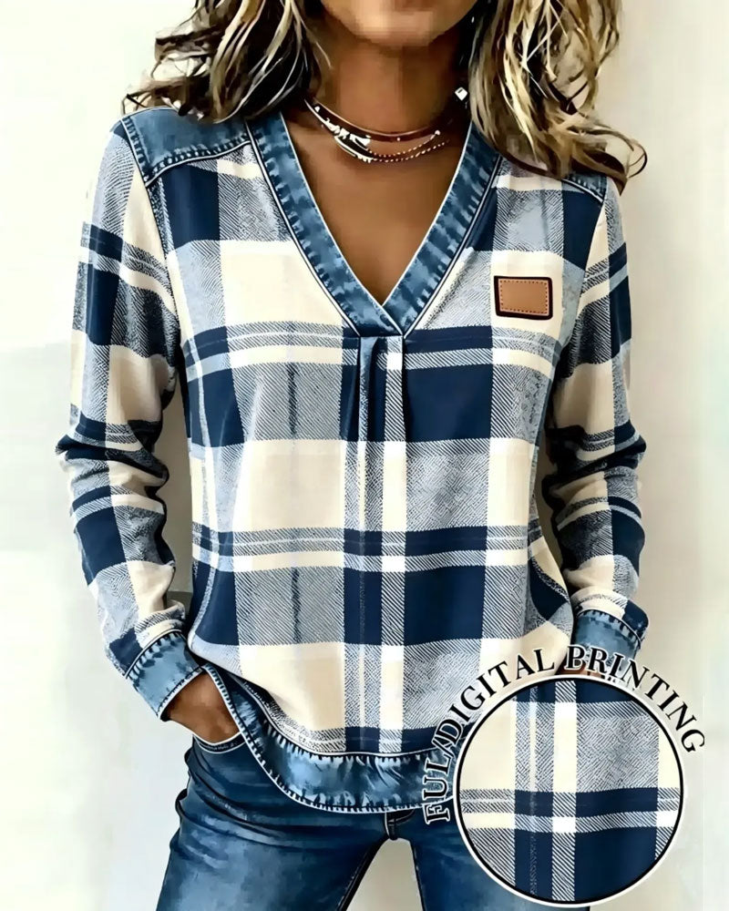 V-Neck Plaid Denim Patchwork Top