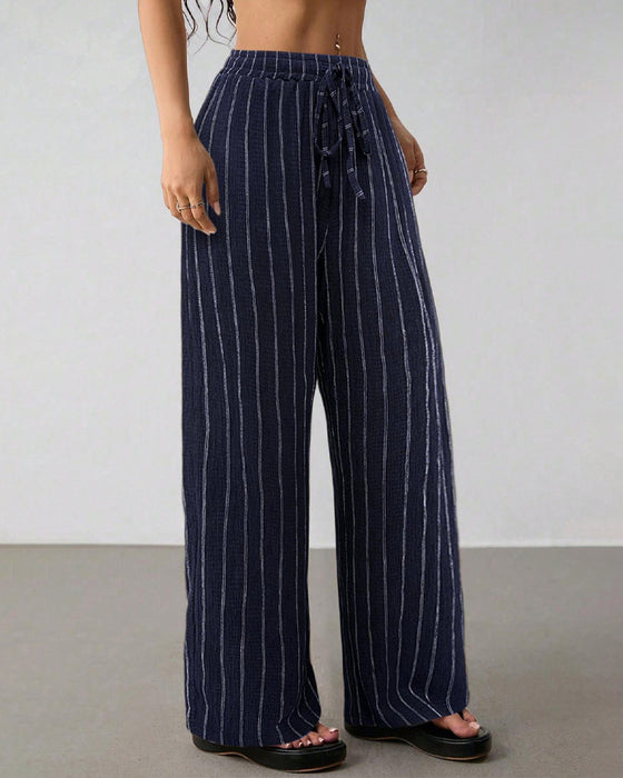 Striped Drawstring Casual Wide-Leg Pants