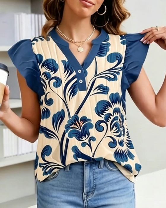 Floral Print Small Flutter Sleeve Blouse