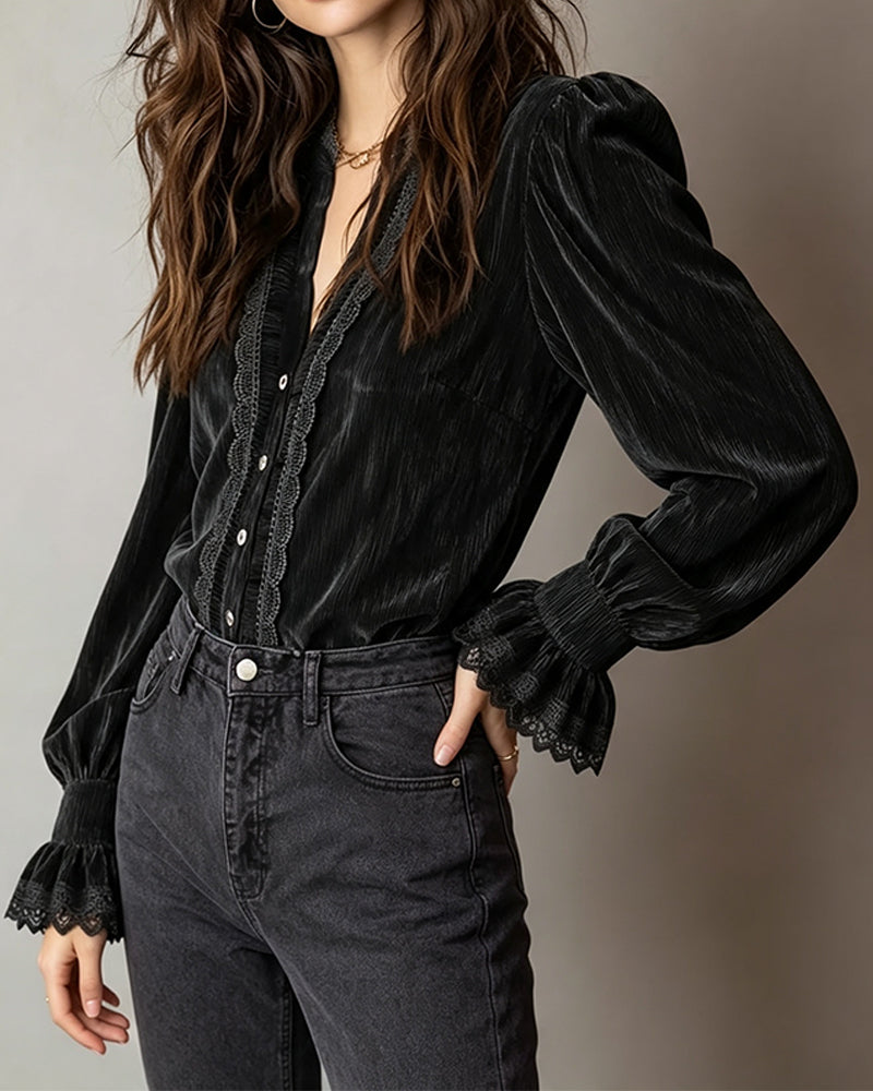 Puff Sleeve Ruffle Button Front Blouse