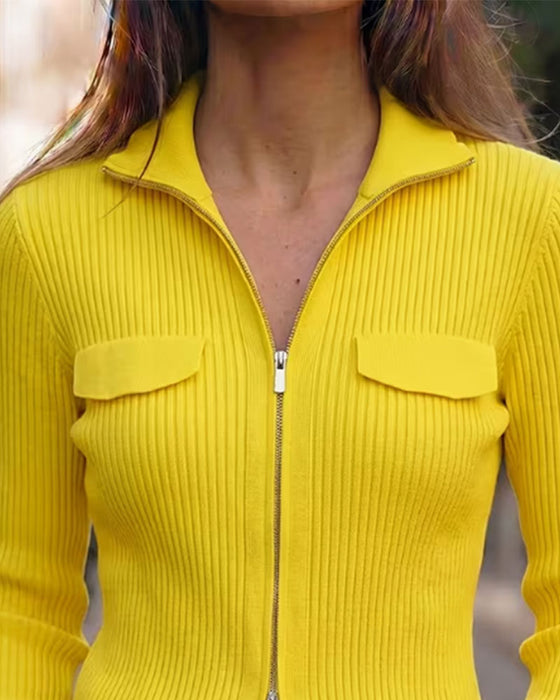 Lapel Long Sleeve Zipped Coat