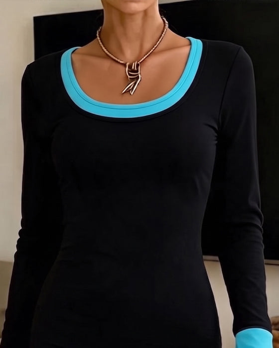 Contrast Color Long Sleeve U-Neck Dress