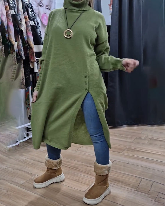 Turtleneck Button Slit Long Pullover