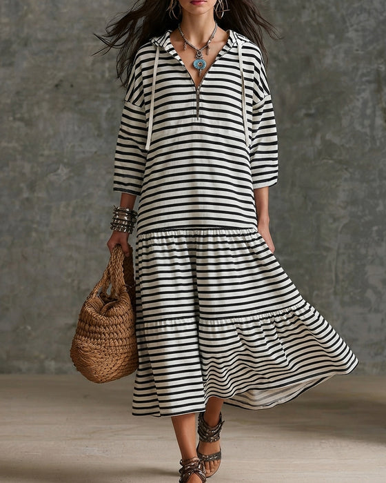 Zipper Hoodie Striped Tiered Dress