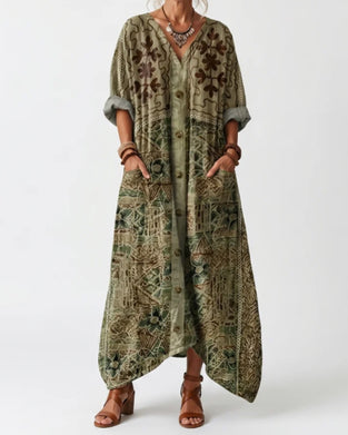 V-Neck Button Pocket Long Sleeve Dress
