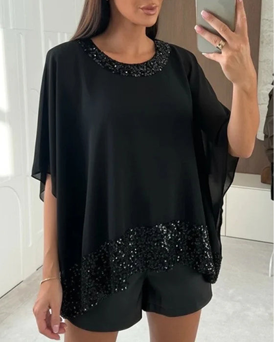 Stylish Batwing Sleeve Shimmering Blouse