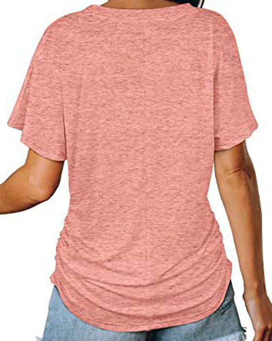 Pleated Solid Color V-Neck T-Shirt