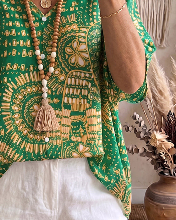 Ethnic Print V-Neck Blouse