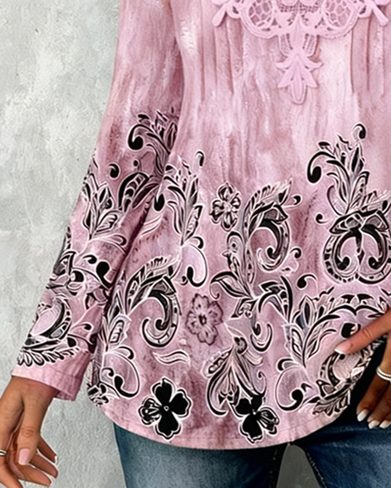 Patchwork Collar And Strategically Placed Printed Blouse