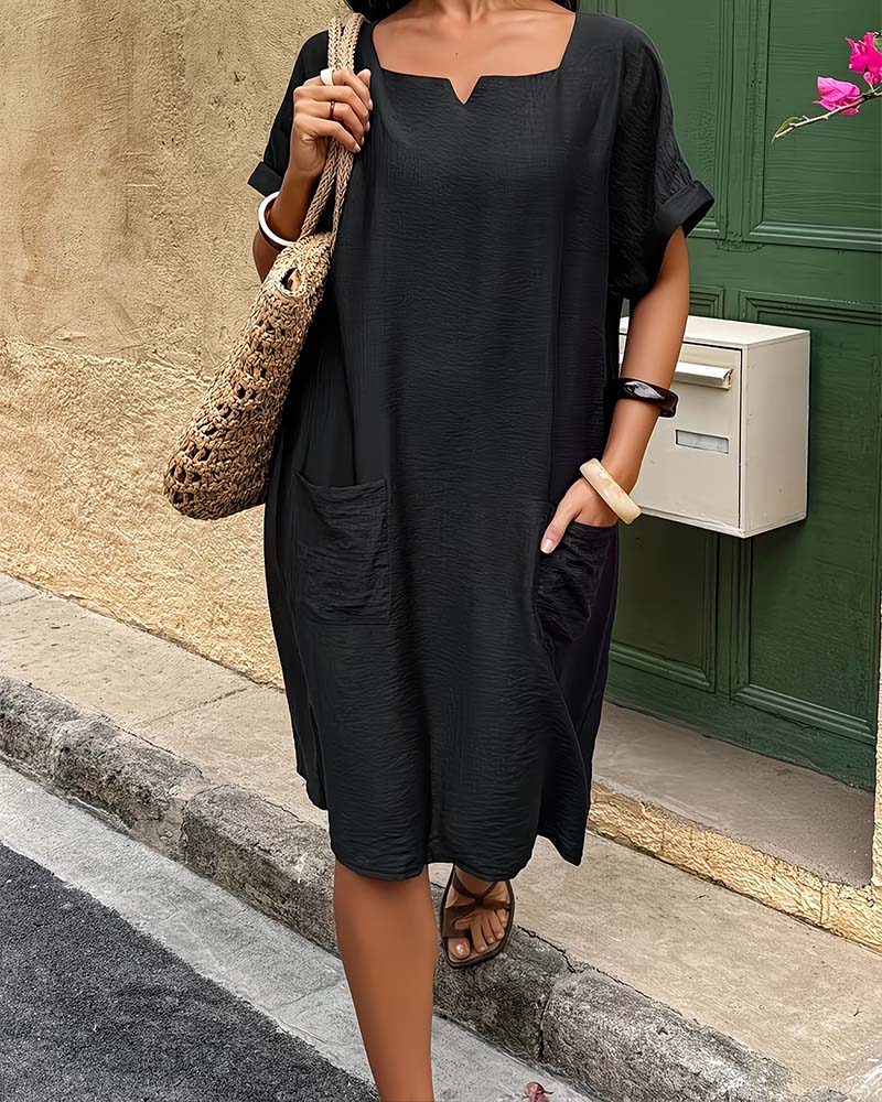 Square Neck Rolled Hem Short Sleeve Loose Pocket Dress