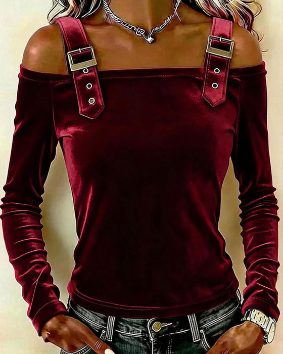Velvet Off-Shoulder Long Sleeve Top