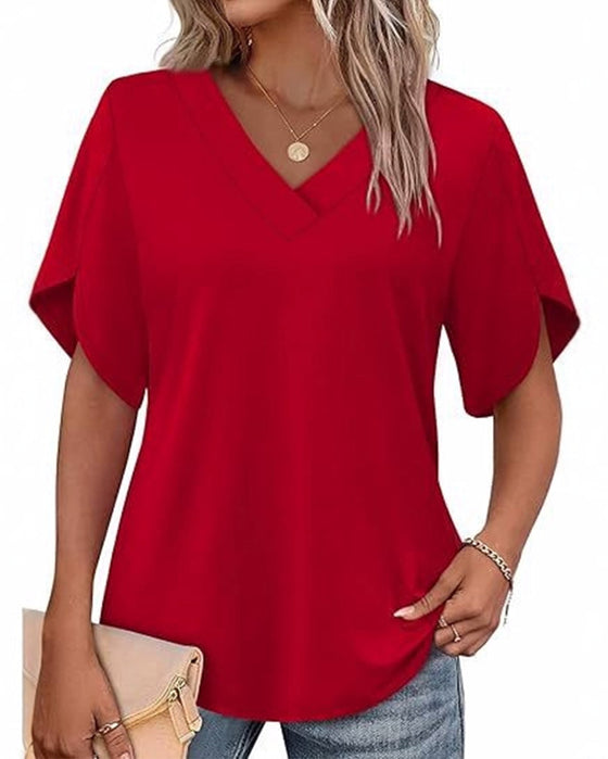 V-Neck Small Slit Short Sleeve Solid T-Shirt