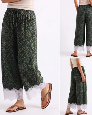 Elastic Waist Leopard Print Lace Spliced Wide-Leg Pants