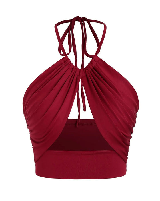 Women's Ruched Tie Back Halter Neck Crop Cami Top