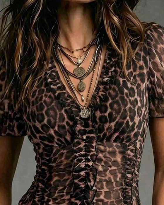 V-Neck Leopard Print Ruffle Puff Sleeve Blouse
