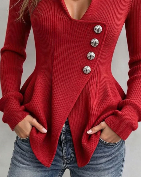 Stand Collar Asymmetrical Button Irregular Waist Pullover
