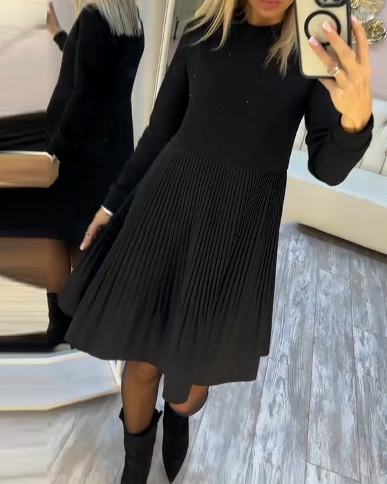 Long-Sleeved Rhinestone Pleated Dress