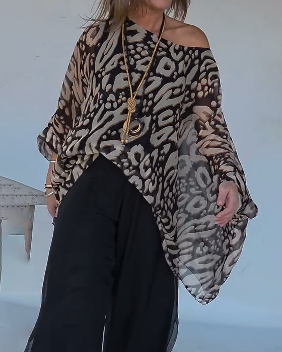 Irregular Bat Print Long-Sleeved Blouse