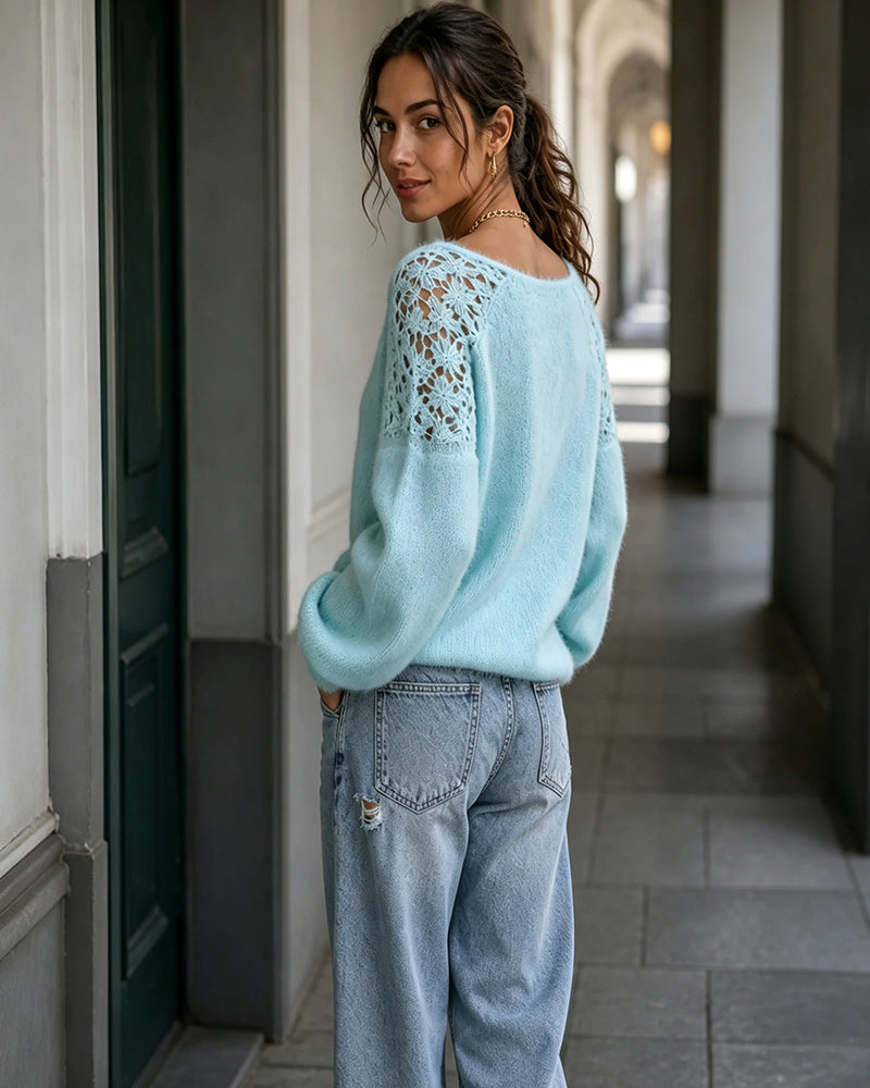 Cutout Lace Detail Patchwork Pullover