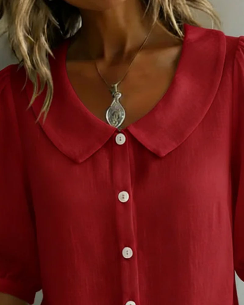 Cotton Mid-Sleeve Peter Pan Collar Shirt