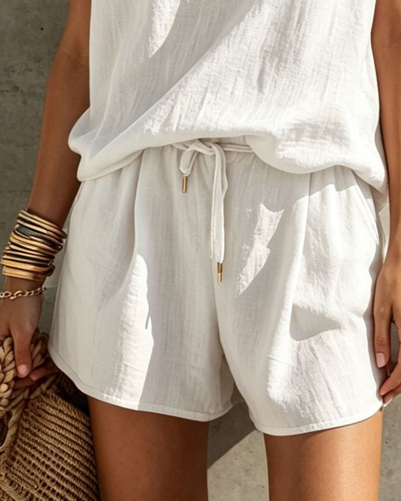 Sleeveless V-Neck Blouse with Drawstring Elastic Waist Pants Set