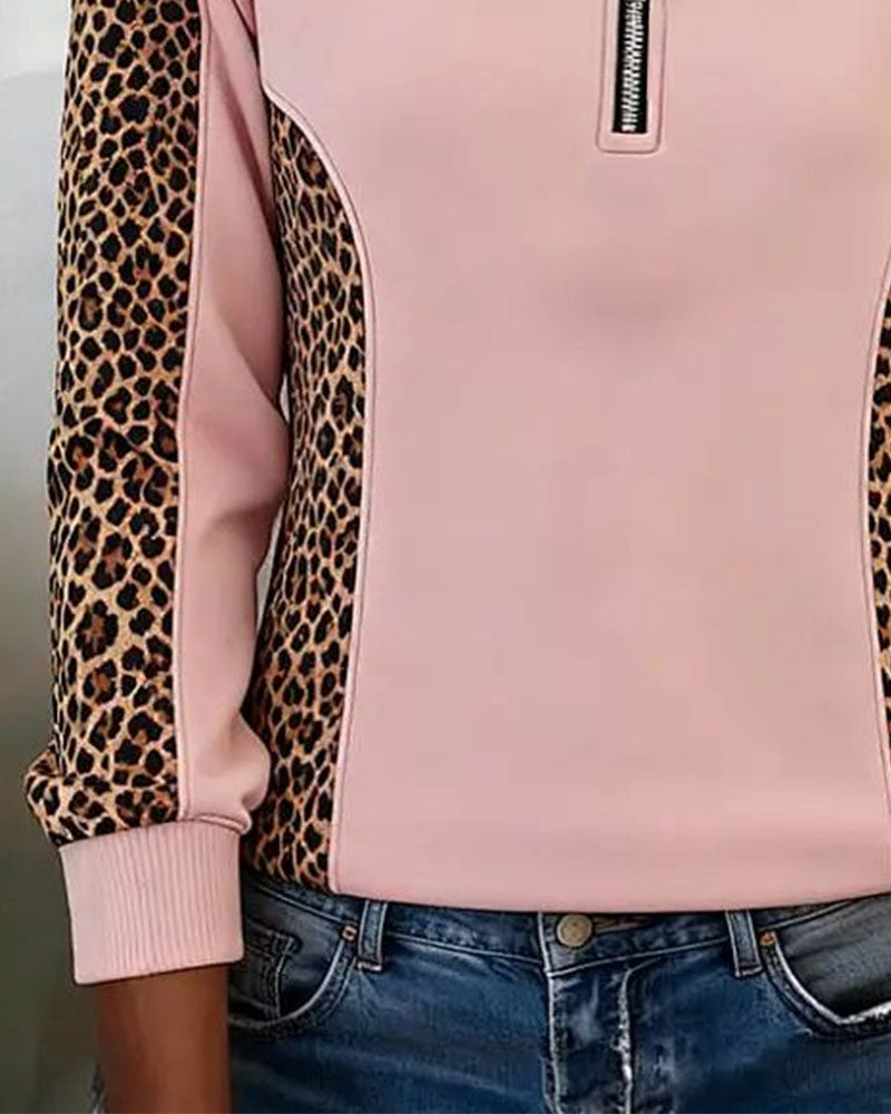 Leopard Print Half-Zip Lapel Sweatshirt