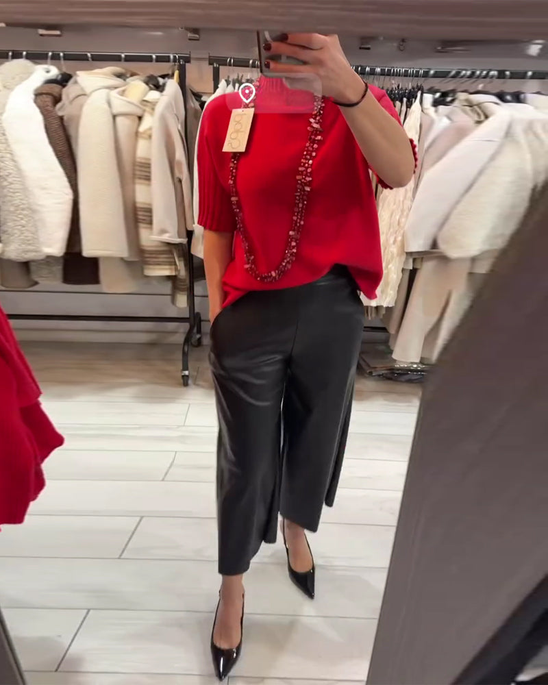 Solid Color High-Neck Short-Sleeved Jumper