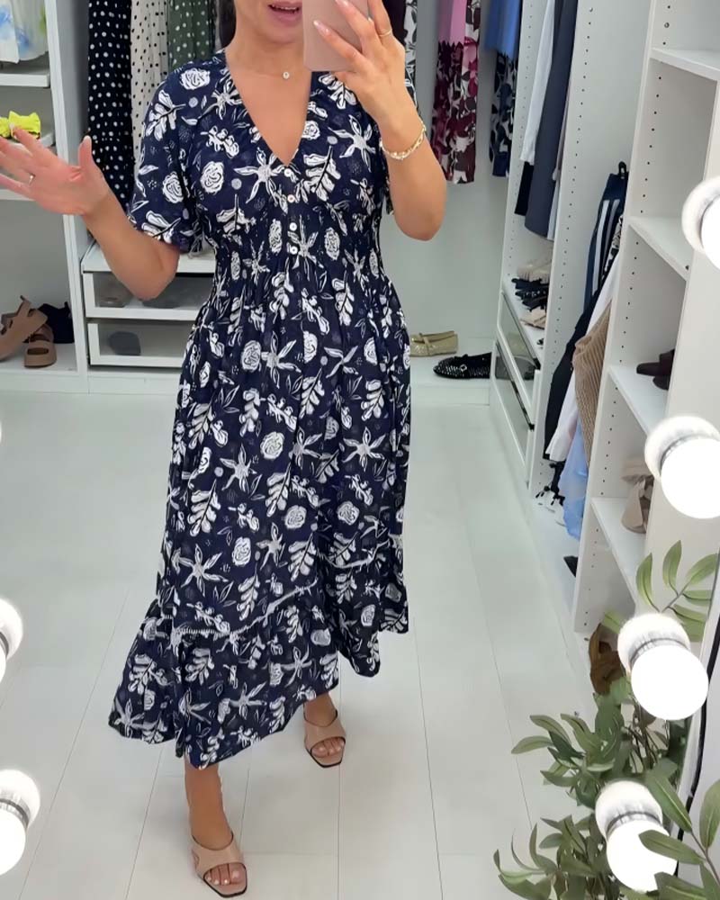 V-Neck Loose Printed Long Dress