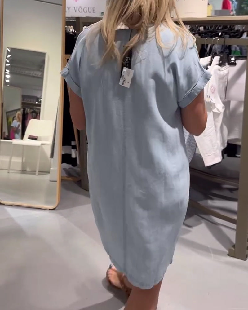 V-Neck Short Sleeve Denim Casual Dress